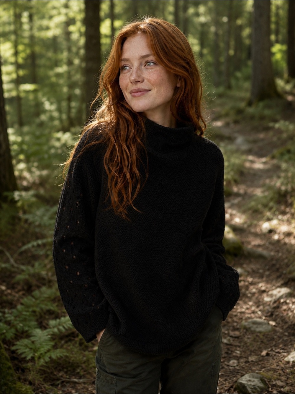 Moth Charcoal Crewneck Sweater with Eyelet Sleeves